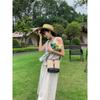 Cowhide canvas splicing bucket bag women's 2025 summer shoulder oblique span bag casual versatile underarm bag Korean version tide