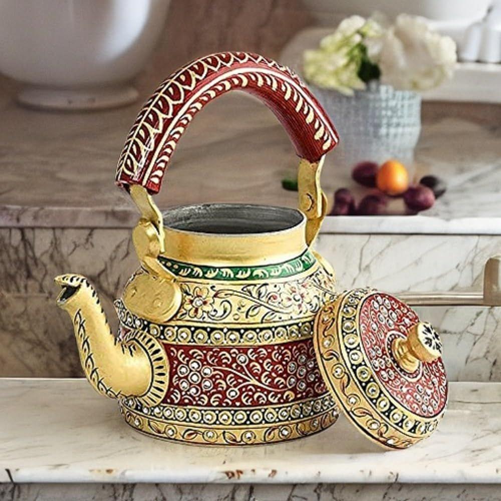 Traditional Handpainted Aluminum Kettle Tea Pot for Serving (Blue and White)