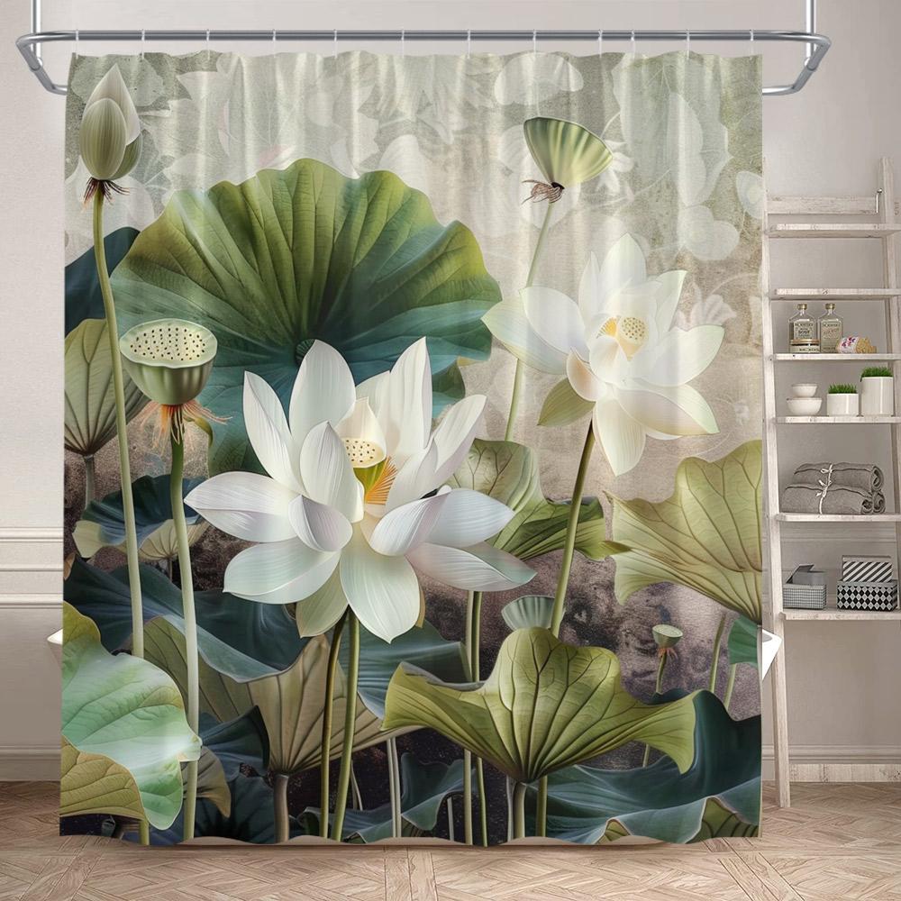 Lotus Shower Curtains White Floral Green Leaves Plant Chinese Style Art Bath Curtain Polyester Bathroom Bathtub Decor With Hooks