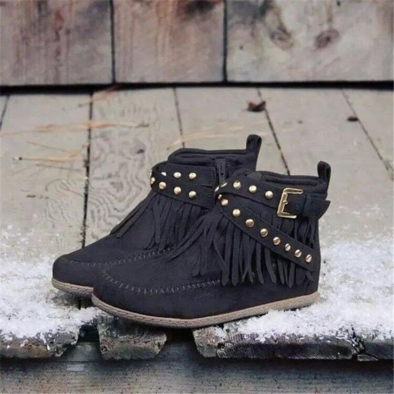 Autumn and Winter Short Boots Fringed Boots Women's Flat-bottomed Buckle Martin Boots Retro Knight Boots Malaysian Machine