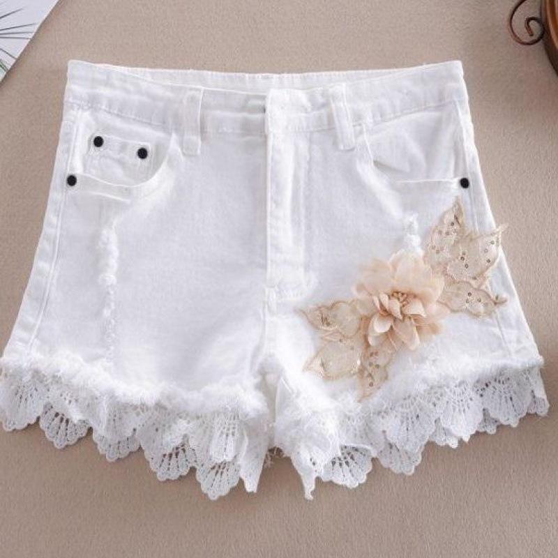 Women s Summer High Waist Denim Shorts - Loose Fit Distressed Embroidered White Stretchy Wide Leg Shorts S