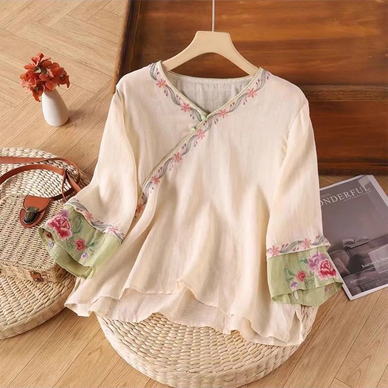 Women's Ethnic Retro Cotton Linen Embroidered Short Sleeve Top with Frog Button