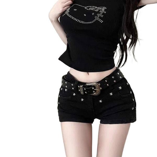Low-Waist Black Denim Shorts for Women - Heavy-Duty Rivets, Tight Fit, Super Short, Perfect for Spring and Summer.