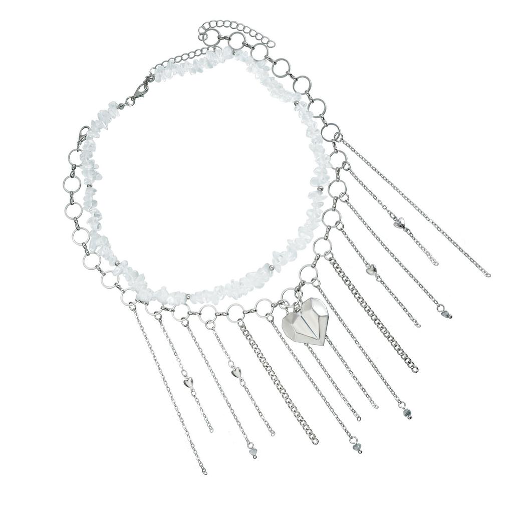 Irregular Natural Stone Heart Pendant Fringe Collarbone Chain Necklace Alloy Lightweight Layering Jewelry For Women