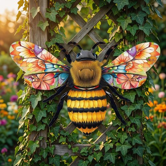 Metal Bee Wall Art Outdoor Large Bee Wall Hanging Sculpture with Floral Wings for Garden Patio Yard Lawn Fence Decor