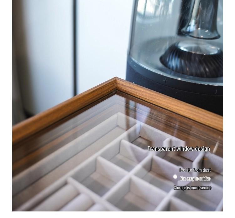 Walnut Grain Jewelry Organizer with Glass Lid - Anti-Oxidation Storage for Earrings, Rings, and Bracelets