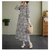 Vintage Literary Style Striped Printed Round Neck Long Sleeve Tie Dress