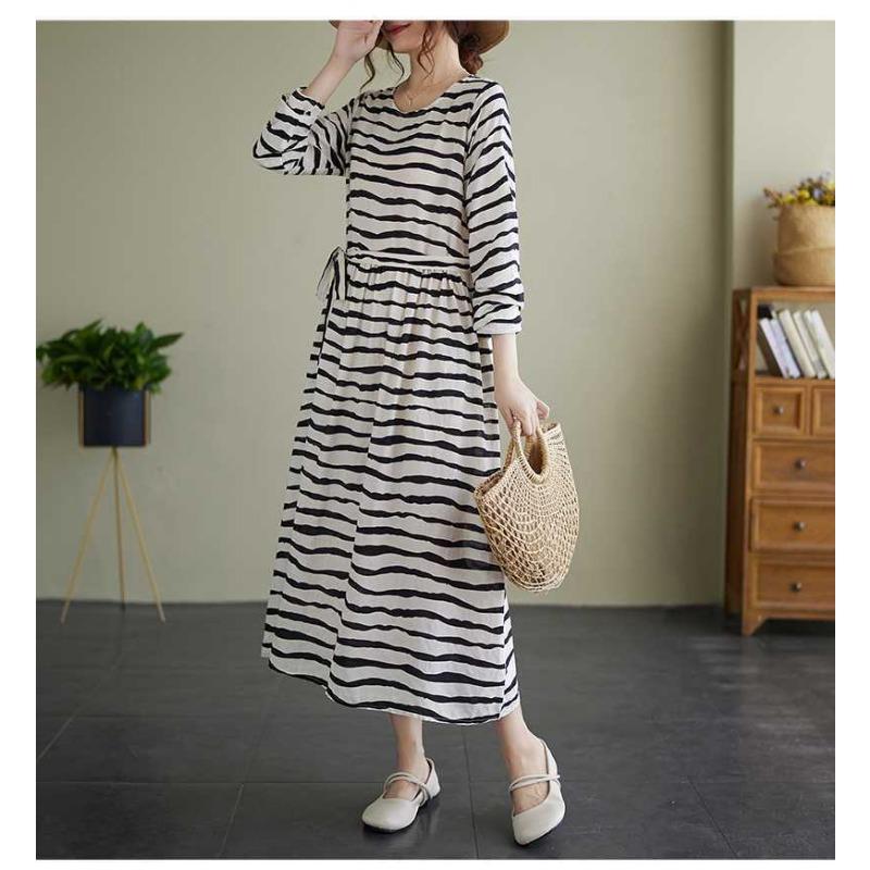 Vintage Literary Style Striped Printed Round Neck Long Sleeve Tie Dress