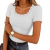 Pure Color Slim Fit Womens Tops Daily Wear Square Collar Lace Splicing Neckline Short Sleeve Pullover Stretchy Ribbed T Shirt