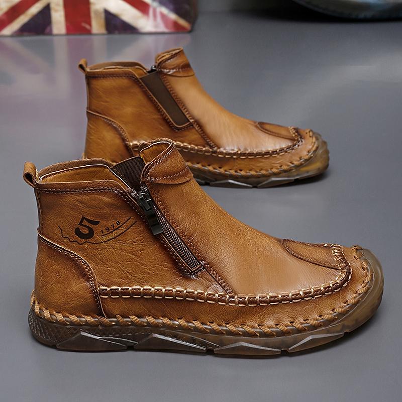 TUINANLE Hand-stitching Leather Men Boots Casual Leather Shoes Men Ankle Boots Zipper Shoes