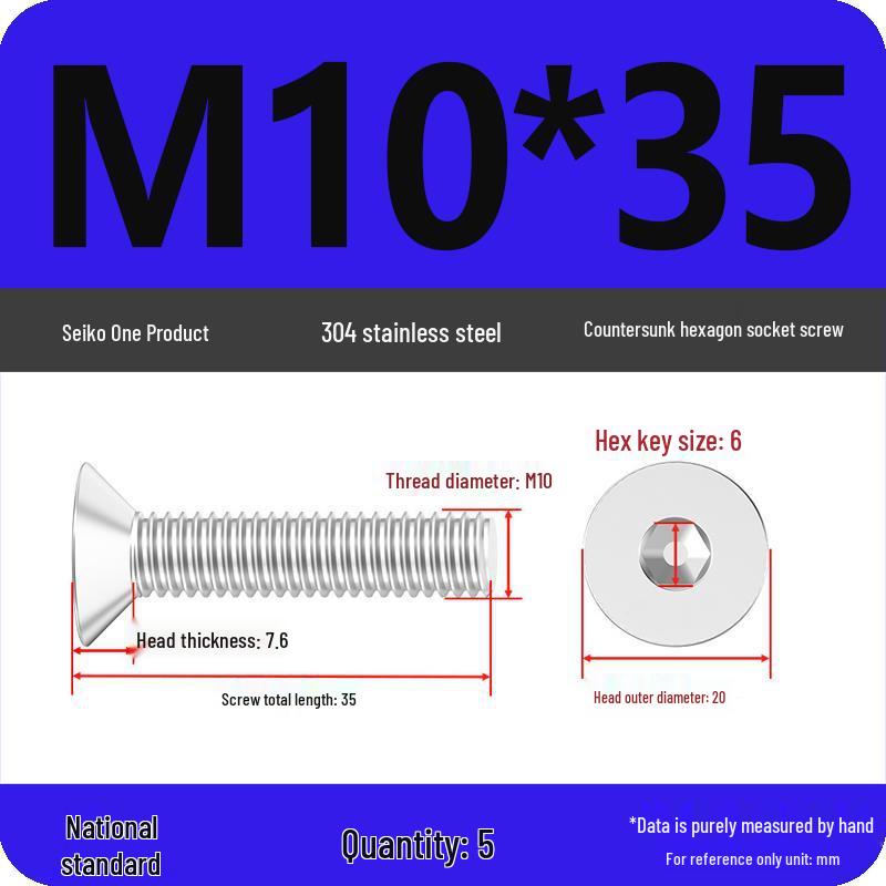 M2-M10 Stainless Steel Flat Head Machine Screws and Bolts Set, Countersunk Hex Socket Cap, 304 Grade.