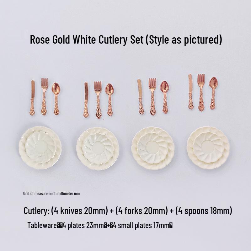 Miniature Dollhouse DIY Model Cake Set: Alloy Plate, Knife, Fork & Spoon Props