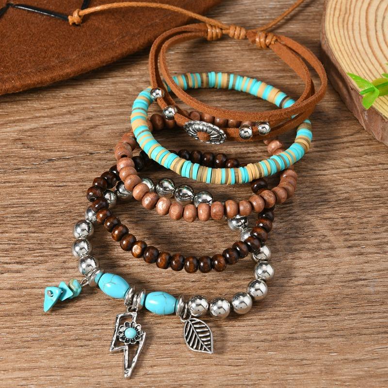 5-Piece Set of New Wood Bead Beaded Soft Pottery Turquoise, Velvet Men's and Women's Bracelets, Suitable for Daily Wear by Men and Women