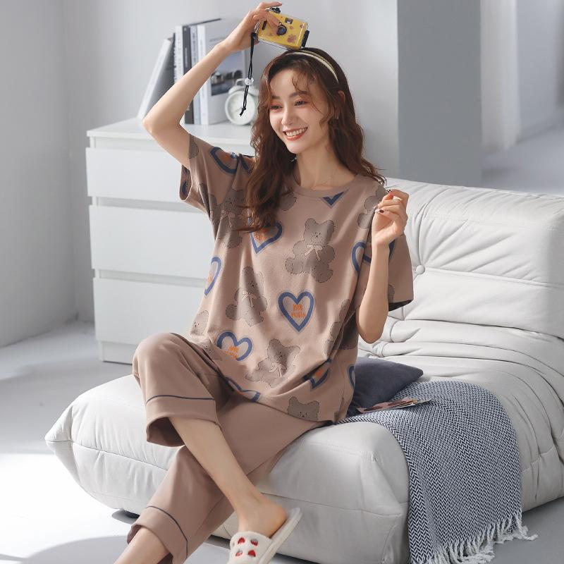 Sommerpyjamas aus Baumwolle, Heimkleidung für Damen, Rundhalspullover, lässig, bequem, Neun-Hosen-Pyjama-Set