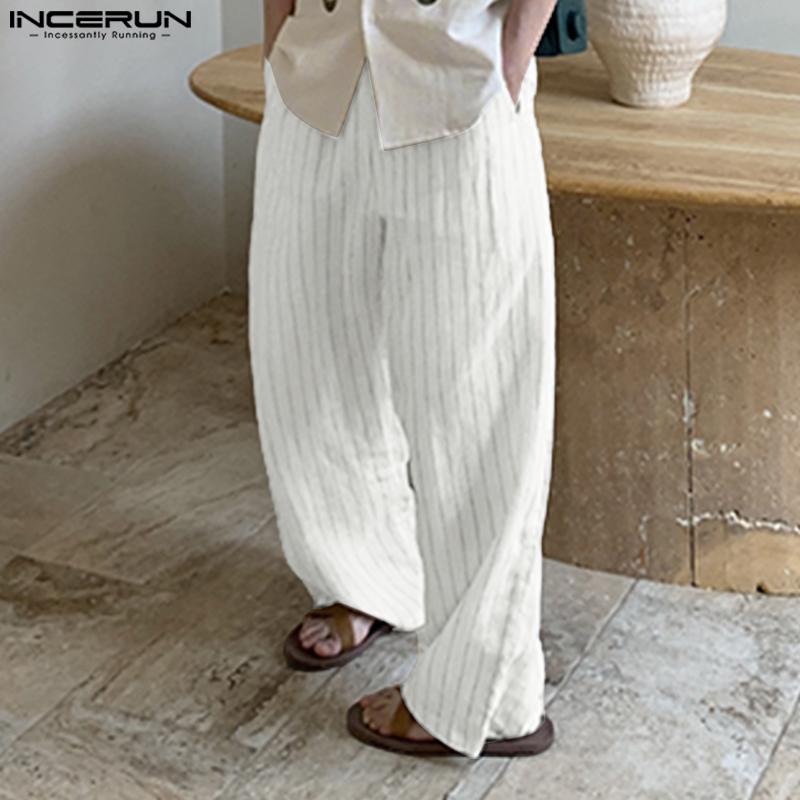 INCERUN Men Zip-up Waist Striped Casual Long Trousers Pants