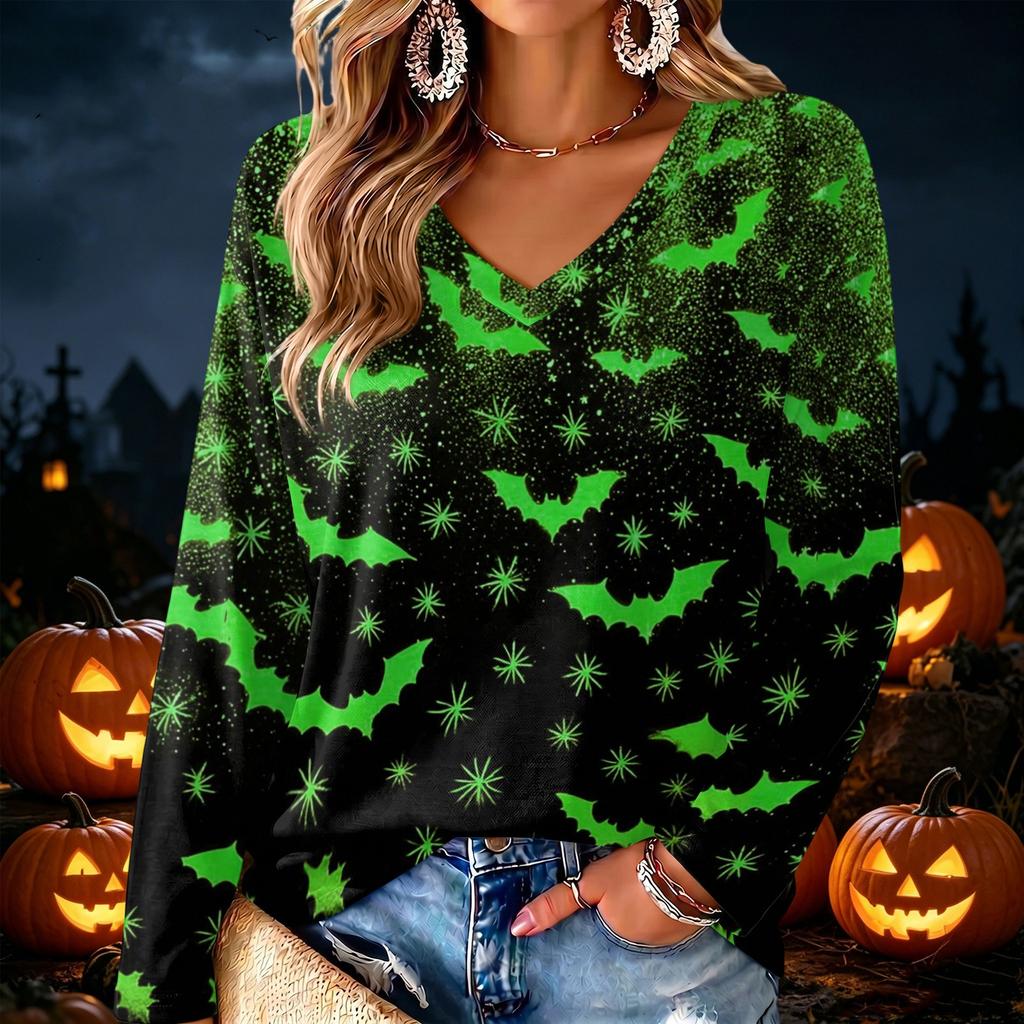 Women's V-Neck Long Sleeve Lightweight Halloween Print Blouse for Casual Wear