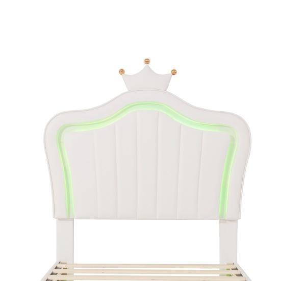 Bed Children Upholstered 90 x 200cm Frame for Girls White Crown Double Made of Faux Leather with LED Lights Slatted And Backrest (Mattress