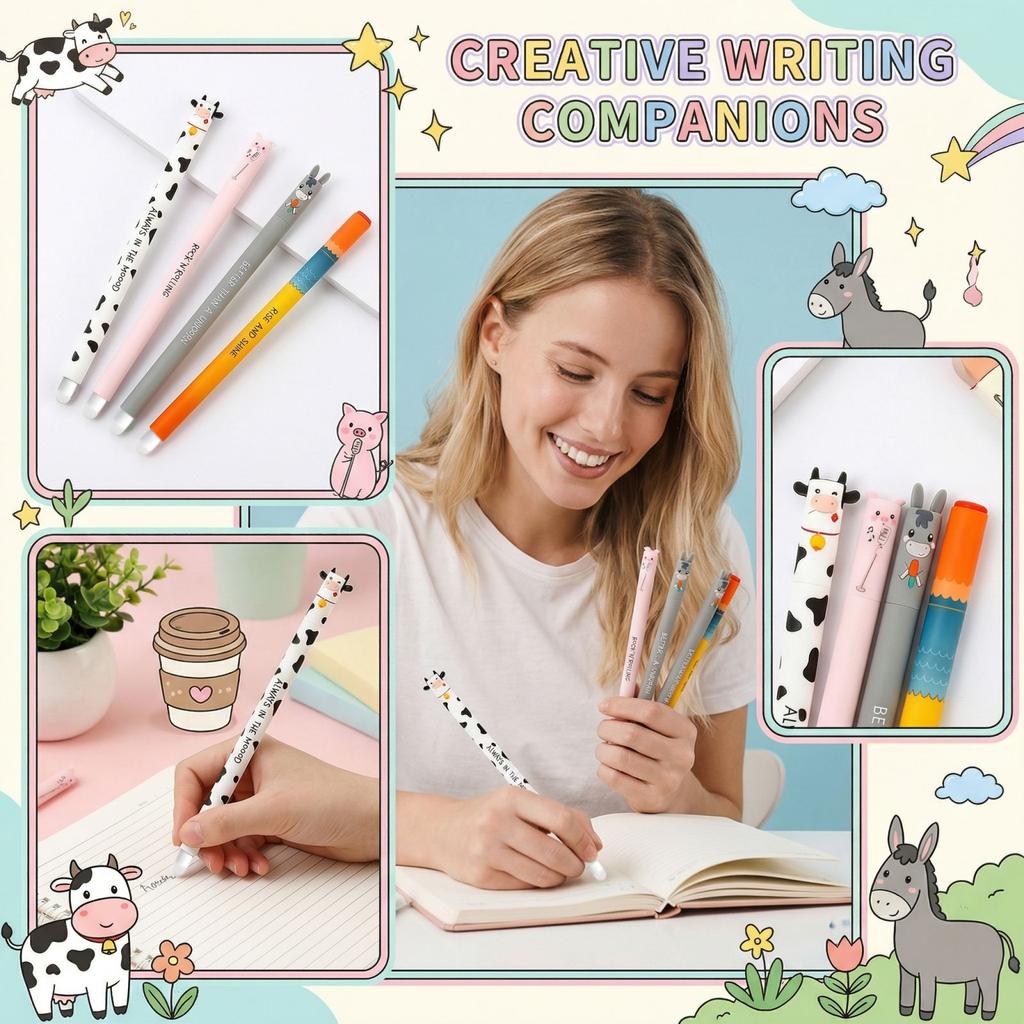 Erasable Gel Pen Set 4 Pack 4ml Each Retractable Fine Tip Smooth Writing Pens with Novelty Animal Designs and Motivational Text for School Office Use