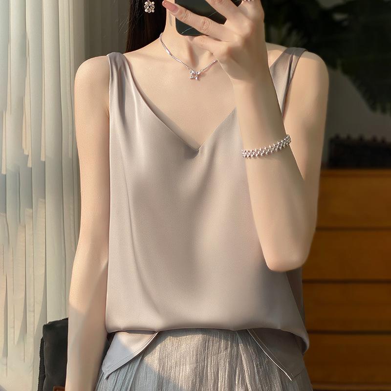 Women's Spring and Summer Solid Color Loose Silk Satin Halter Bottoming Shirt Simple Casual Sleeveless Tops