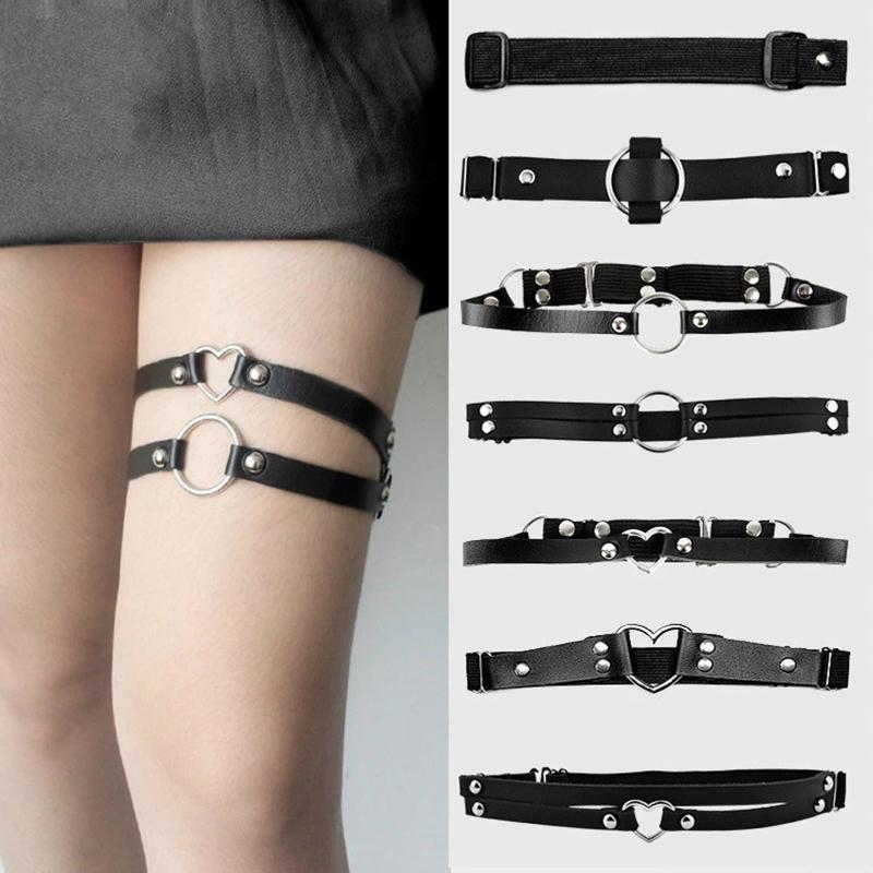 Gothic Leg Garter Belt with Alloy Decor PU Leather Thigh Chain Elastic Sexy Body Chain Jewelry Nightclub Party for Girl