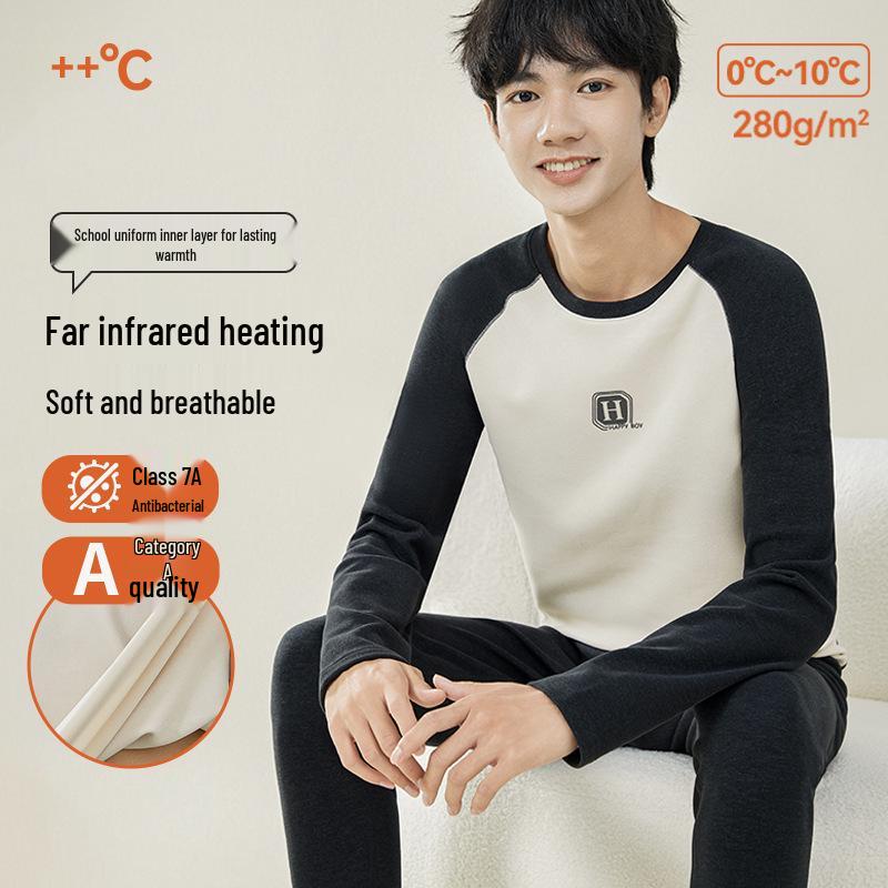 Teen Boys' Warm Cotton Wool Underwear Set - Autumn/Winter Base Layer Top & Trousers