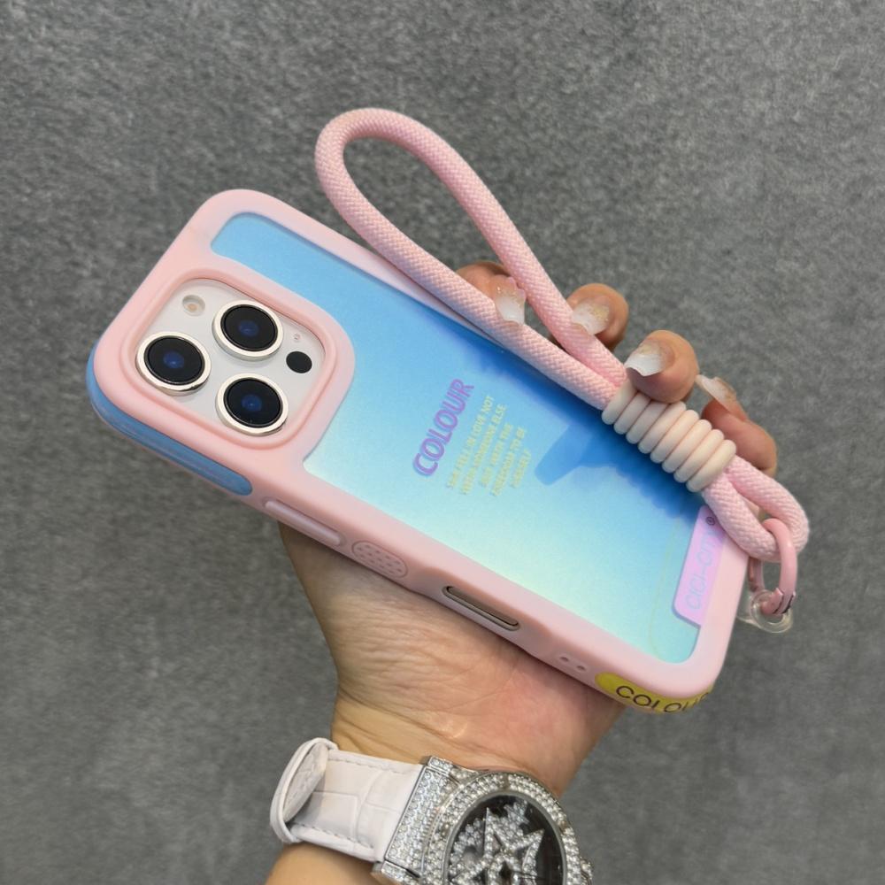 Candy Contrast Color Laser Wrist Strap Case For iPhone 14 15 16 17 Pro Max Frosted IMD Anti-Loss Cord Lanyard Soft Bumper Cover