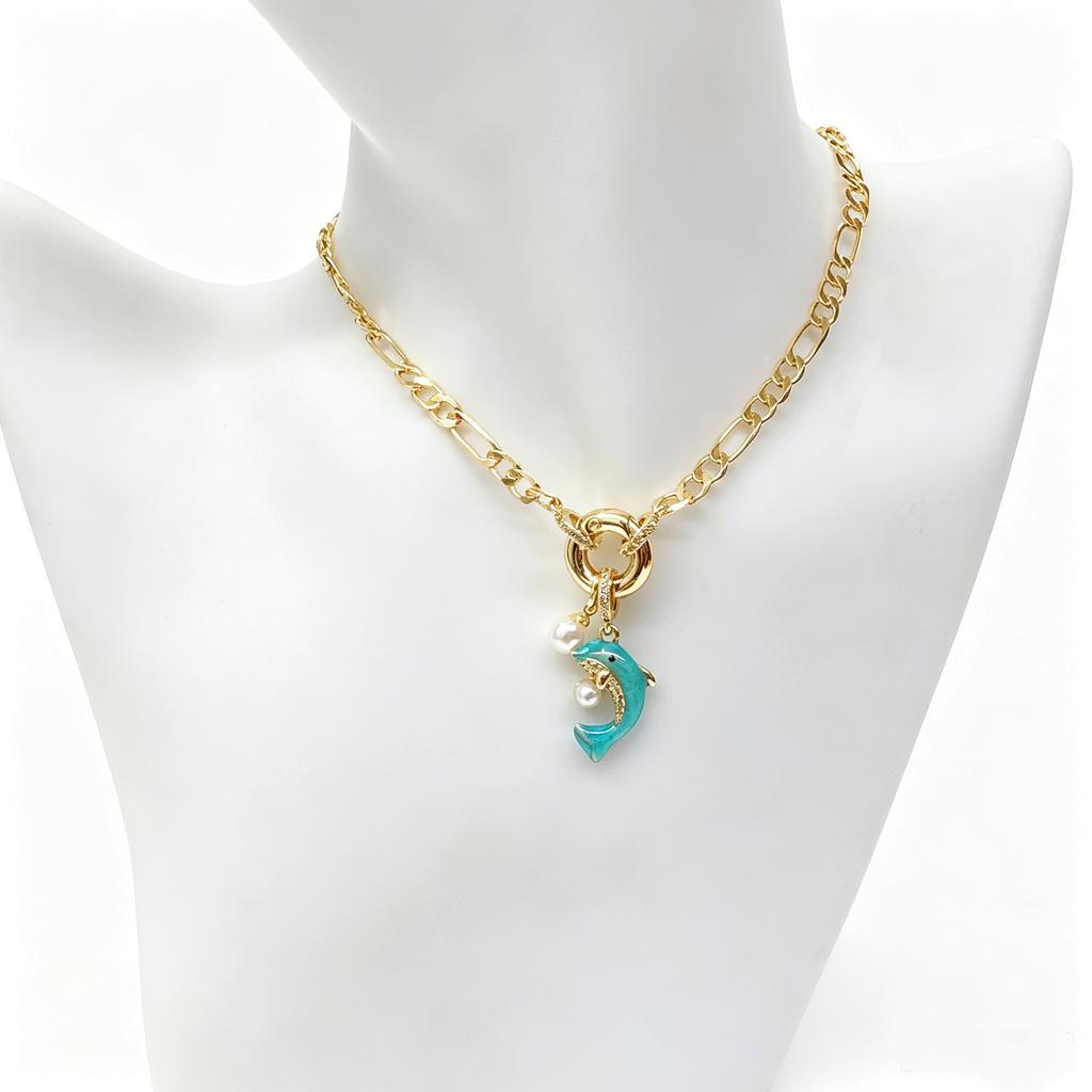 Figaro Chain Enamel Art Dolphin Animal Necklace Temperament for Women Girls Holiday Lock Bone Chain Choker Quality High Jewelry