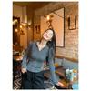 Women's Gray Spicy Girl Fishbone Slim Zipper Hoodie Long Sleeve T-shirt for Autumn.