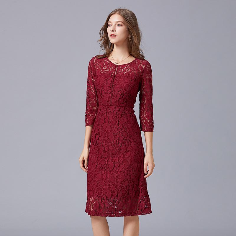 

Брендовое кружевное платье - 2025 Весна/Осень OL Повседневная Мода Большого Размера 3XL вино красного