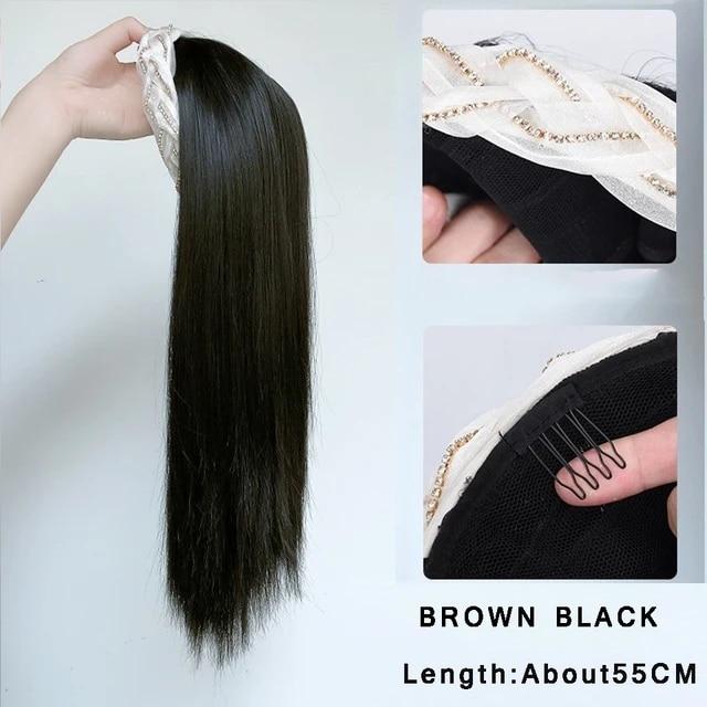 Synthetic Long Wavy Headband Wig Black Brown Women's With Twist Braid Hairband Accessories Natural Half Wig