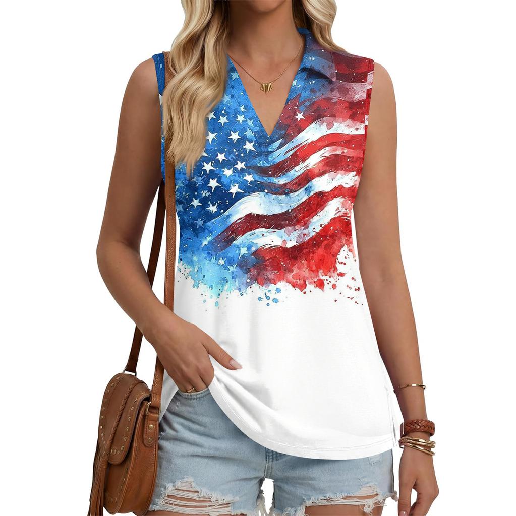 Women's Fashion Casual Button Sleeveless Independence Day Print V Neck Turn Down Collar Tank Top Summer Loose Fit Blouse