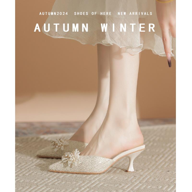 Strassschleife spitze Zehenpartie dünner Absatz hoher Absatz Einzelne Schuhe Damen flacher Ausschnitt keine müden Füße Sommer neu hinten offen Sandalen Damen