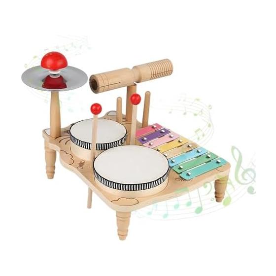 Wooden drum/toy drum set, educational toy, musical instrument, for children, Montessori education, uses sheepskin drums, fall prevention design,