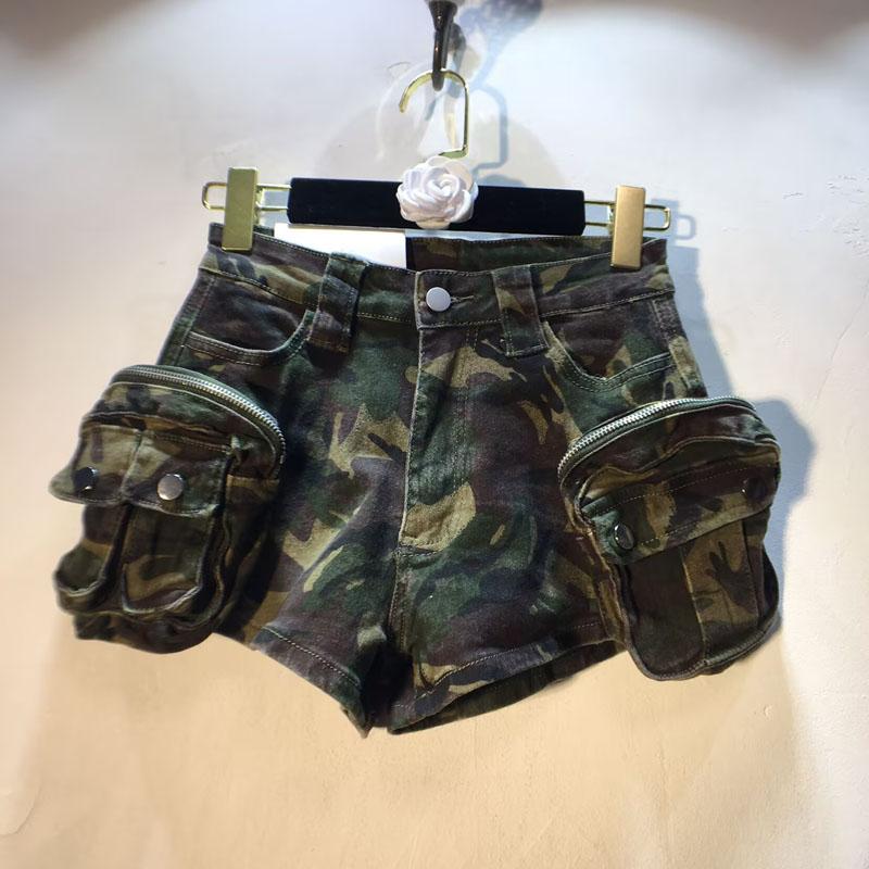 European station summer new high waist thin tooling pockets camouflage elastic denim shorts hot pants women s pants S