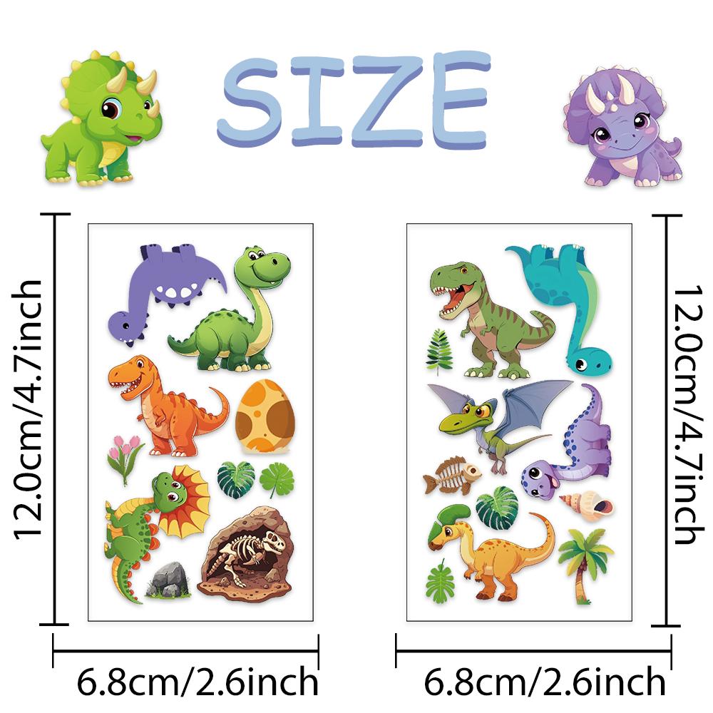 10 folhas de adesivos de tatuagem de dinossauro fofos com desenho animado para rosto, braço e corpo, adesivos temporários à prova d'água para festa infantil, presentes