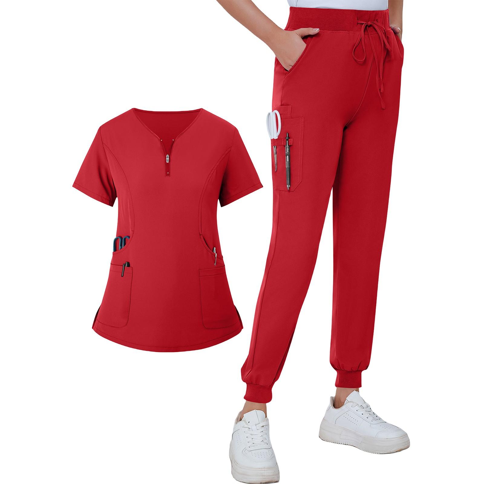 Женская летняя свободная униформа с V-образным вырезом на молнии с карманами и короткими — фото 14