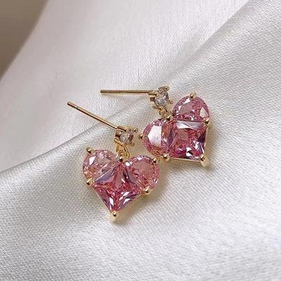 Korean Version Pink Heart Studded Diamond Earrings