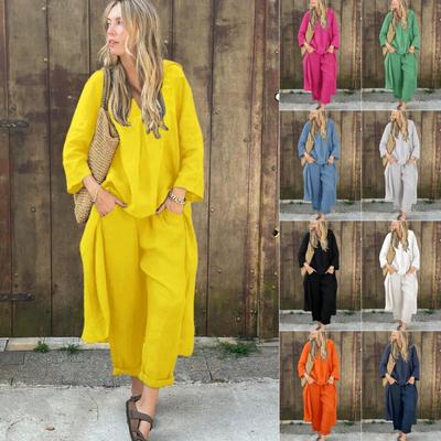 Summer Women's Casual Suit Fashion Long Sleeve V-Neck Top Casual Pants 2-Piece Set Conjunto De Pantalones Dos Piezas Mujer