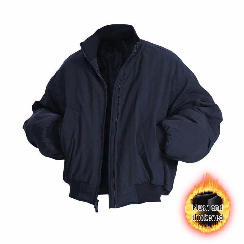Men's Fleece-Lined Retro Jacket, Autumn/Winter, Stand-Up Collar, High-End, Versatile Solid Color