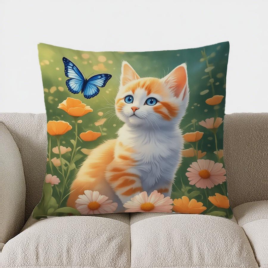 Home Decor Cute Orange Cat In Forest And Flowers Pillow Pattern Cushion Cover Suitable For Sofa Bedroom Car Pillow Cover