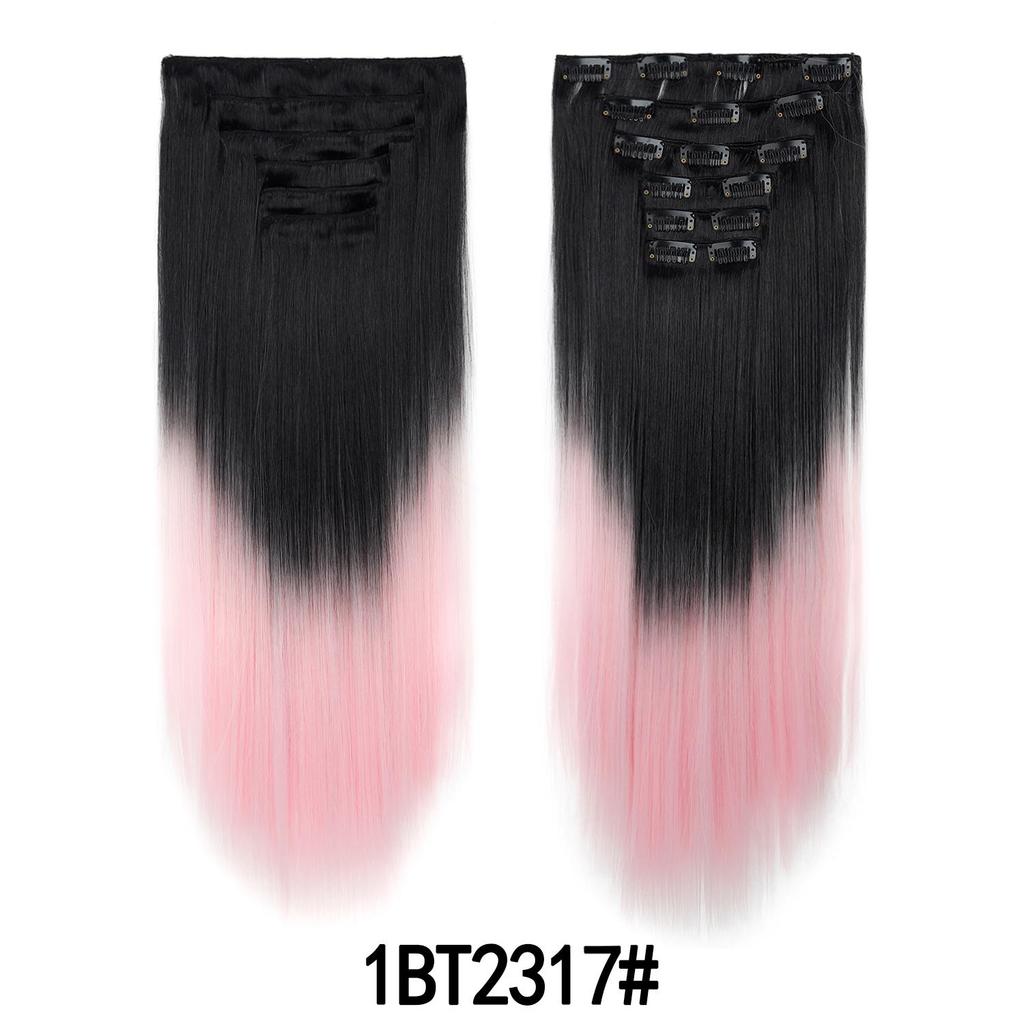Ensemble de 6 Pièces Postiche Clip In Extensions de Cheveux 24 pouces Long Cheveux Raides Tête Complète Couleur Dégradée Ombrée Aspect Naturel Usage Quotidien