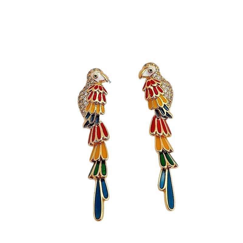 Creative And Cute Parrot Bird Colored Glazed Stud Earrings, Unique Personality Zircon Earrings, Light Luxury Fashion Trend Earrings