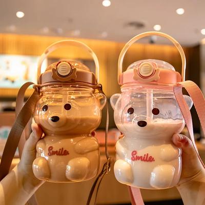 Sticla de apă pentru copii de 1000 ml pentru fete copii Kawaii drăguț urs ceainic cu paie sticla de băut din plastic Vase de vară