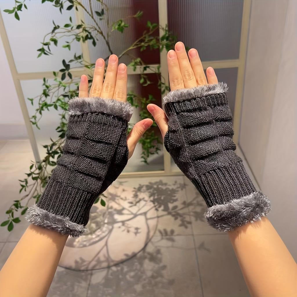 Double Side Plush Winter Warm Gloves - Exposed Finger Design
