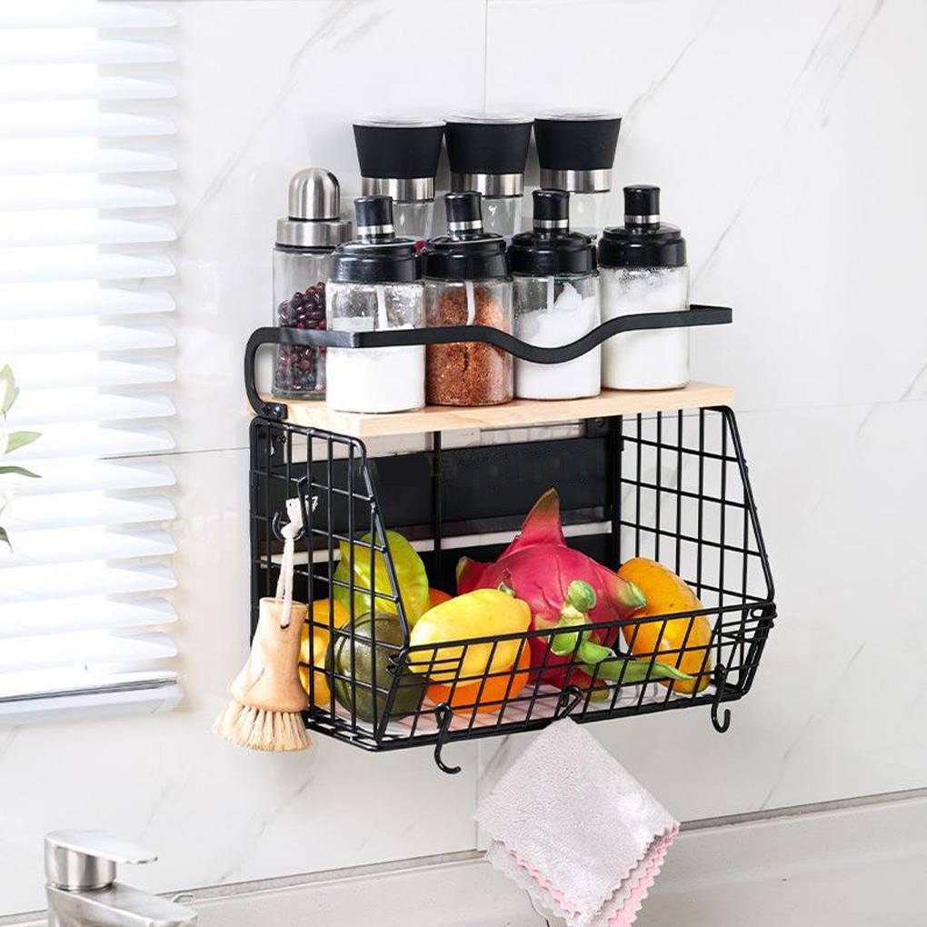 Iron Basket With Hooks For Kitchen Organization Heavy Duty Wall Basket With Wood Lid Kitchen Storage