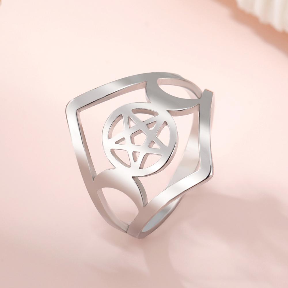 Dawapara Triple Moon Goddess Ring Ancient Greek Mythology Wicca Pentagram Ring Protection Amulet Stainless Steel Jewelry