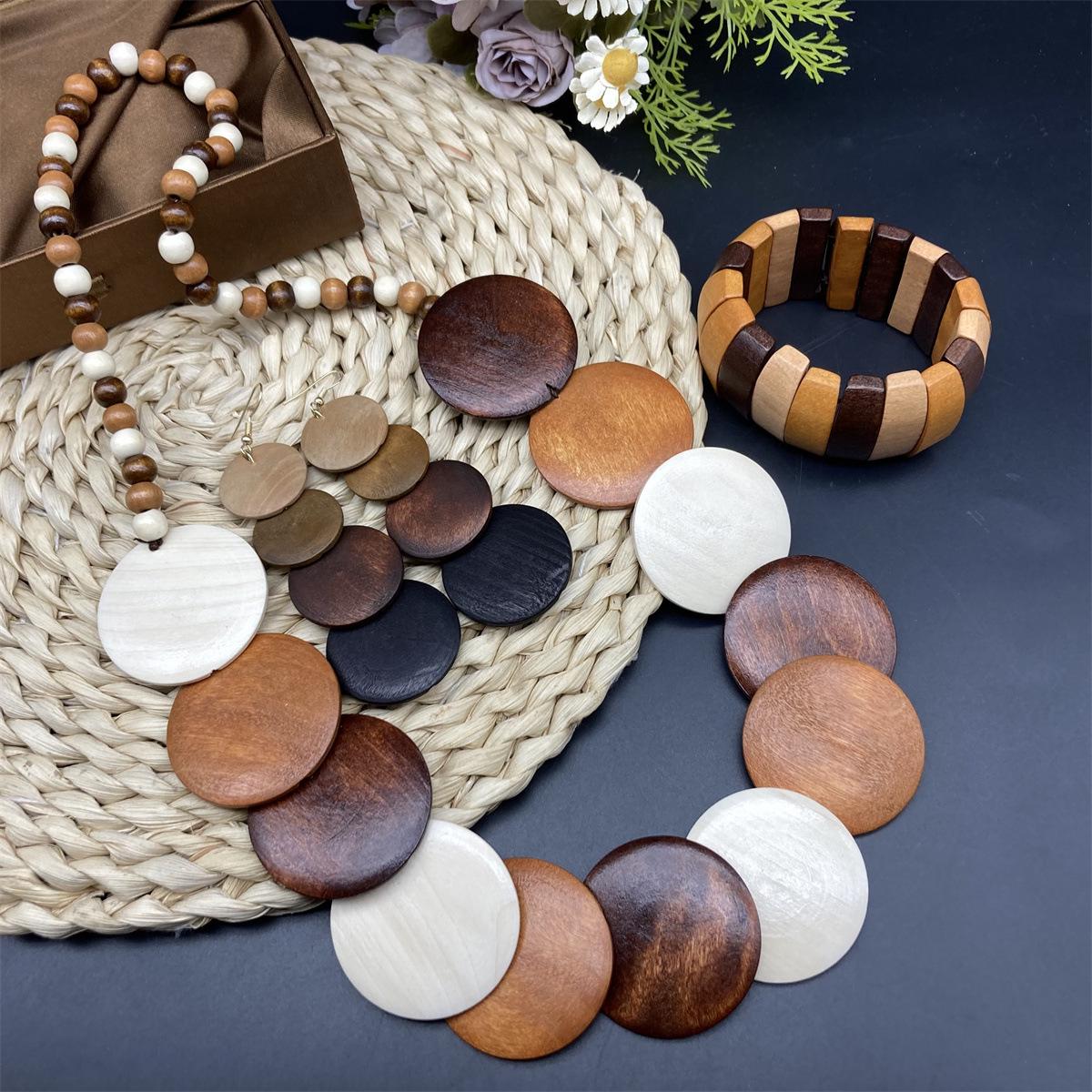 Bohemian Retro Wood Jewelry Set: Necklace, Earrings & Bracelet – New Hot Item
