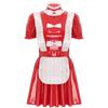 Womens Naughty Maid Uniform Clubwear Glossy Patent Leather Maid Cosplay Dress Ruffles Trims Bow Apron Puff Sleeve A-Line Dress