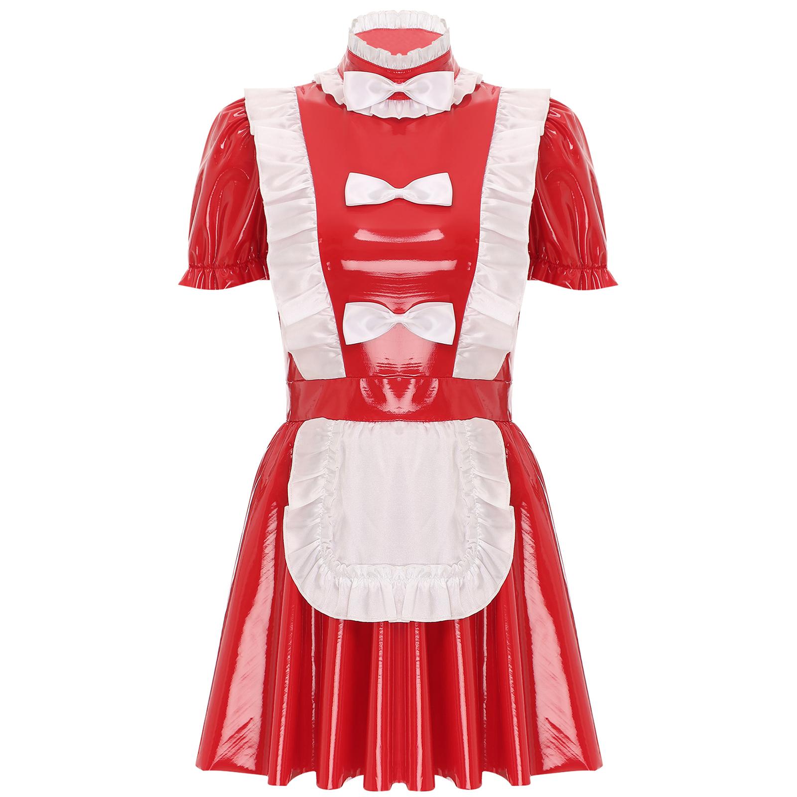 

Womens Glossy Patent Leather Maid Dress Ruffled Apron Puff Sleeve Clubwear Party Dress S красный