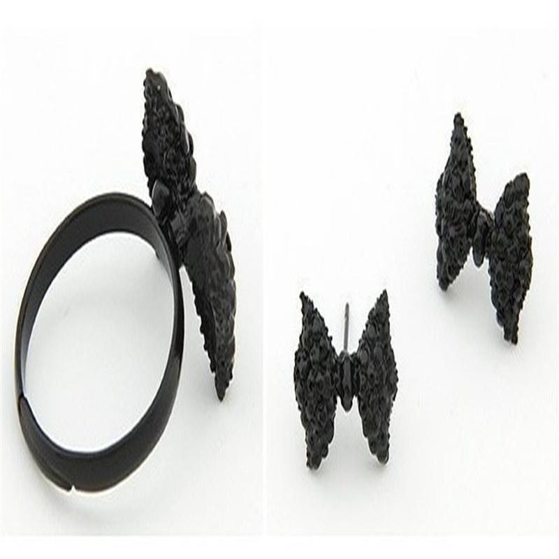 Women Fashion Vintage Cute Black Rhinestone Butterfly Bow Rings Jewelry Accessories